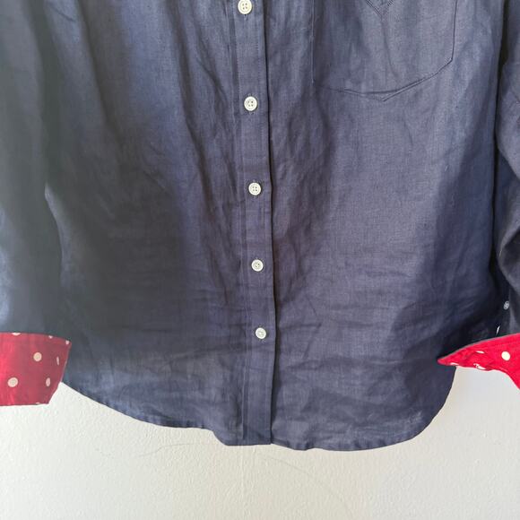 Lauren Ralph Lauren LINEN Navy Blue polkadot collar cuffs shirt size 1X - Picture 3 of 9